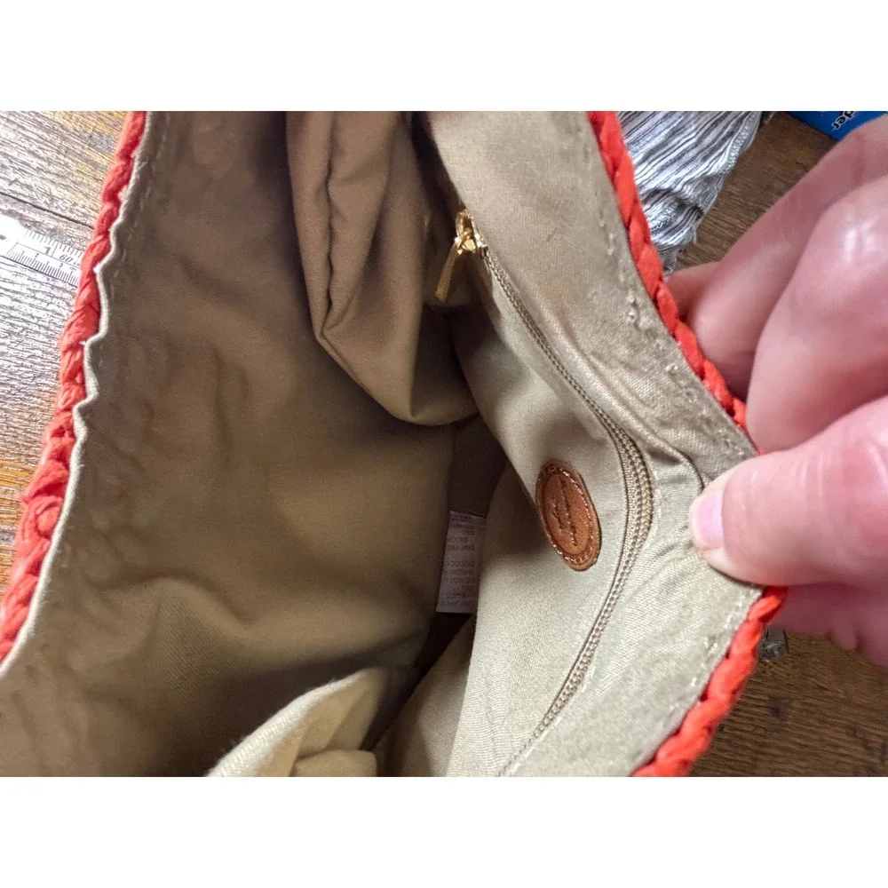 Rodeo Bar Style Raffia Hobo Bag‎ Orange Leather Trim Braided Strap Crescent